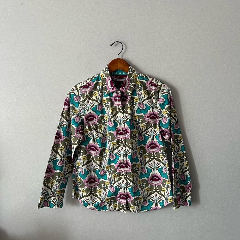 Talbots Floral Button-Down Shirt in Teal, Purple and Olive